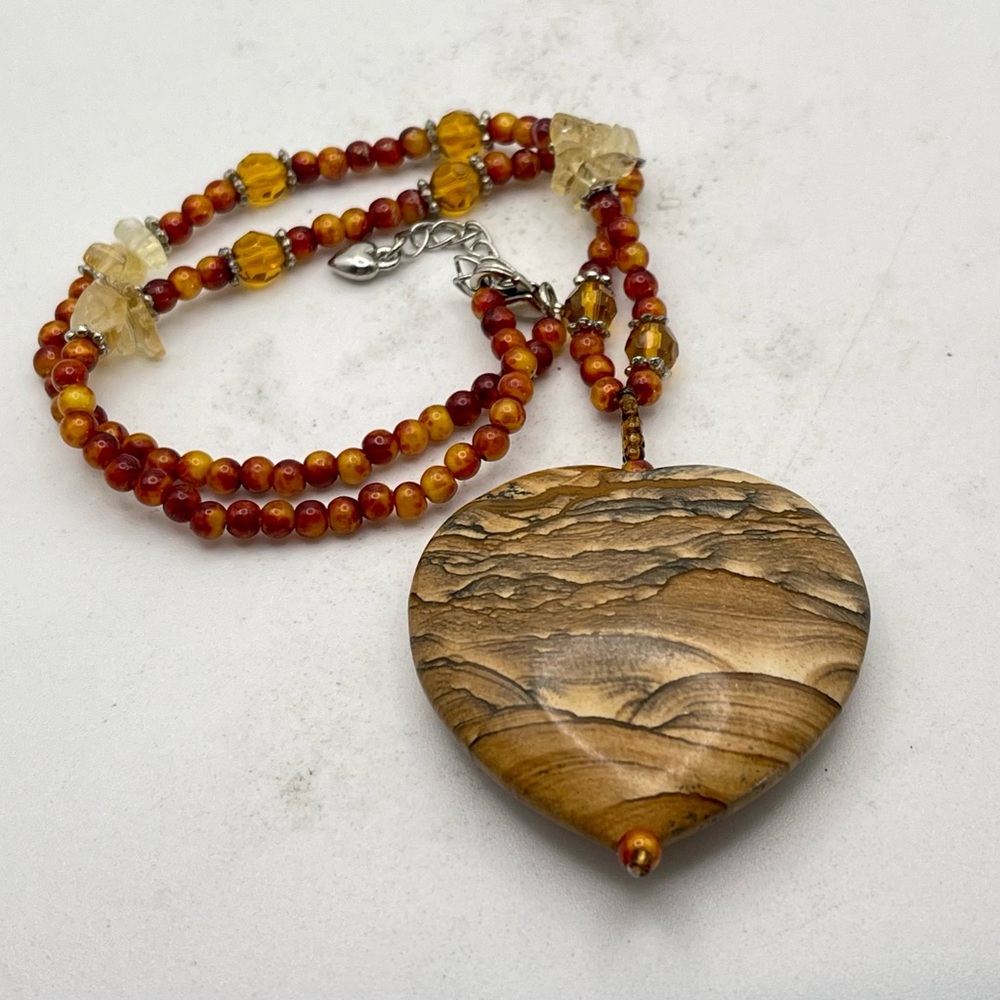 Gorgeous Picture Jasper Heart Pendant With Amber and Citrine Necklace Rare